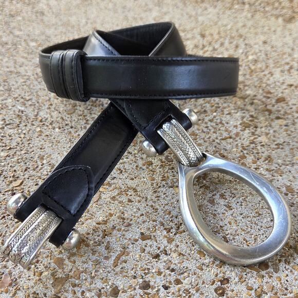Y2K Black Leather Slide Belt Sculptural Silver Buckle Size Small main image 10
